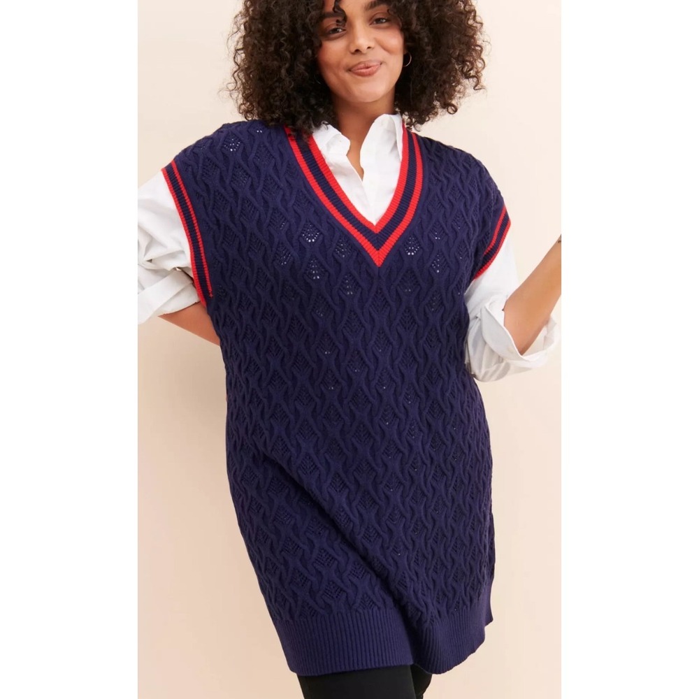 Nouveaux Womens Preppy Cable Knit Varsity Stripe Sweater Vest Navy Blue S - Picture 11 of 12